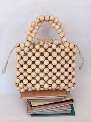 Cream wooden beaded Twin handle bag