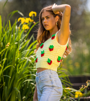 Yellow Strawberry One Shoulder Knit Top